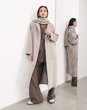 Темно-серое пальто-шарф макси из смесовой шерсти с карманами ASOS. Цвет: серый