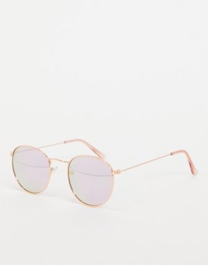 Круглые солнцезащитные очки в розово-золотистой оправе стиле 70-х -Золотистый New Look