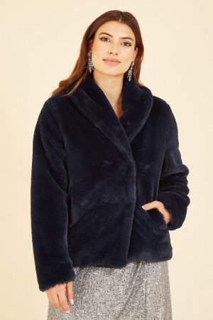 Темно-синее короткое пальто из искусственного меха с запахом , синий Yumi