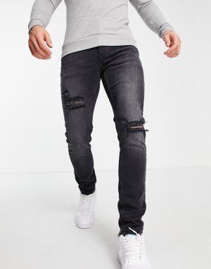 Эластичные зауженные джинсы черного выбеленного цвета со рваной отделкой -Черный цвет Topman