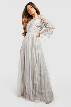 Платье макси с длинными рукавами, украшенное вручную подругу невесты , серый Boohoo