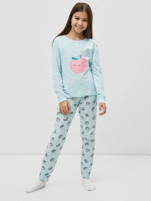 Хлопковая пижама для девочек (лонглсив и брюки) Mark Formelle. Цвет: голубой +ежики на голубом