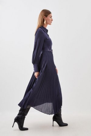 Платье миди со складками из джерси и жоржетта , темно-синий Karen Millen