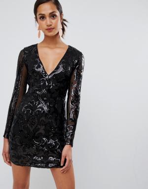 Сетчатое платье с пайетками и длинным рукавом -Черный Parisian
