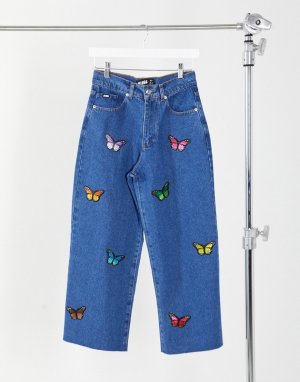 Короткие расклешенные джинсы с вышивкой в виде бабочек London-Синий Minga