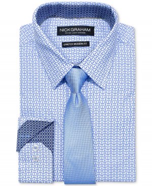 Облегающий комплект из эластичной классической рубашки с геопринтом и узкого галстука Nick Graham