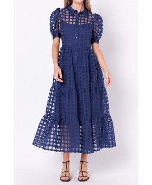 Женское многоярусное платье макси из органзы в сетку , синий English Factory