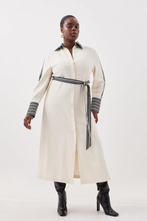 Платье-рубашка миди в полоску из саржевого пояса больших размеров , белый Karen Millen