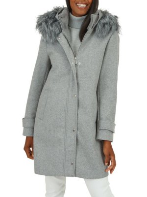 Пальто из смесовой шерсти с капюшоном и отделкой искусственного меха , серый Nine West