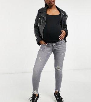 Серые облегающие джинсы для беременных с посадкой поверх животика рваной отделкой и необработанным низом штанин Amelie-Серый River Island Maternity