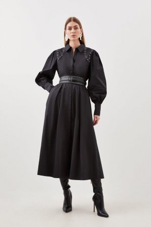Хлопковое тканое платье макси с длинными рукавами и поясом люверсами , черный Karen Millen