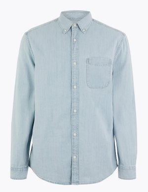 Мужская джинсовая рубашка с карманом, Marks&Spencer Marks & Spencer. Цвет: светлый синий