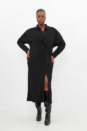 Платье-рубашка миди из вискозного крепа с длинными рукавами больших размеров, черный Karen Millen