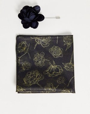 Платок для нагрудного кармана с цветочным принтом и цветок на лацкан -Черный цвет Bolongaro Trevor