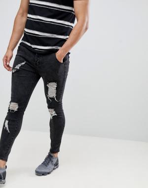 Черные облегающие джинсы с рваной отделкой -Черный SikSilk