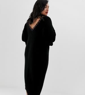 Трикотажное платье-джемпер с овальным вырезом на спине и кружевной отделкой Glamorous Curve. Цвет: черный