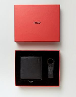 Черный кожаный бумажник и брелок для ключей by Boss HUGO. Цвет: черный