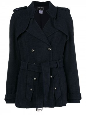Двубортное пальто с поясом Chanel Pre-Owned. Цвет: синий