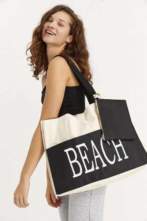 Женская пляжная сумка с надписью кремового цвета ECROU