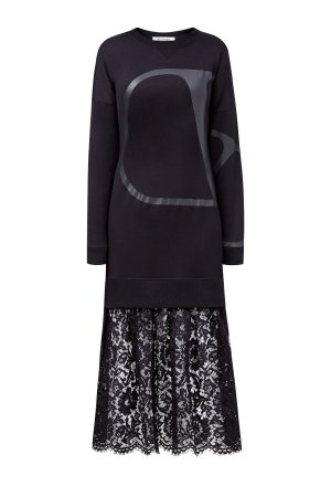 Платье-свитшот с подолом из кружева Heavy Lace VALENTINO. Цвет: черный