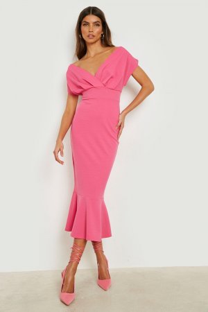 Платье миди с открытыми плечами scuba и баской , розовый Boohoo