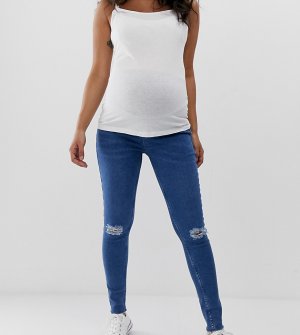 Синие джинсы скинни с посадкой над животом и рваной отделкой -Синий New Look Maternity