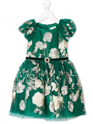 Расклешенное платье с аппликацией роз David Charles Kids. Цвет: зеленый