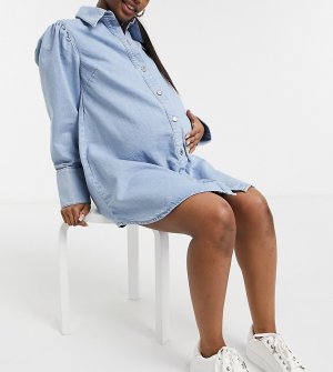 Платье-рубашка из выбеленного денима с объемными рукавами ASOS DESIGN Maternity-Голубой Maternity