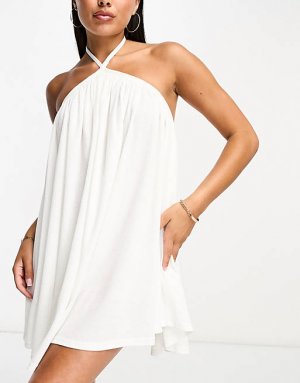Объёмное летнее мини-платье белого вафельного цвета с бретельками Sunstone The Frolic