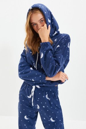 Пижамный комплект флисовый Galaxy с капюшоном и узором, темно-синий Trendyol