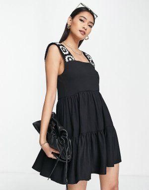 Черное летнее мини-платье со вставками крючком Topshop