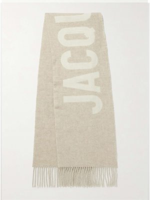 Жаккардовый шарф из натуральной шерсти с бахромой и логотипом JACQUEMUS, бежевый Jacquemus