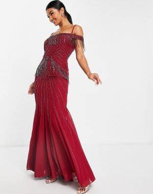 Платье макси винного цвета с вышивкой и открытыми плечами -Красный Goddiva