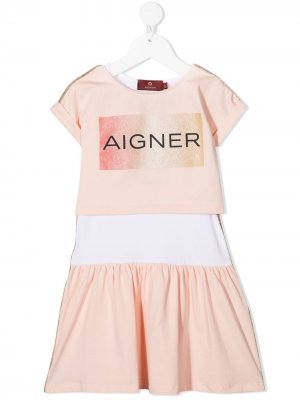 Платье с короткими рукавами и логотипом Aigner Kids. Цвет: розовый