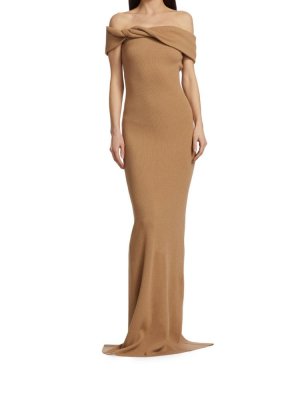 Платье в рубчик с открытыми плечами , цвет Camel Brandon Maxwell