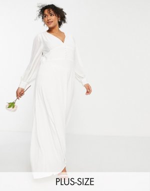 Белое свадебное платье макси с обтянутыми тканью пуговицами -Белый Vila Curve
