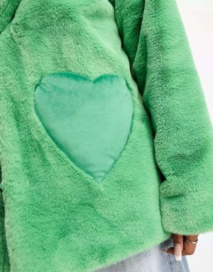 Зеленое пальто из искусственного меха с карманом в форме сердца Neon Rose. Цвет: зеленый