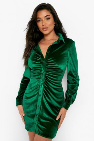 Вечернее платье-рубашка из бархата со сборками boohoo, зеленый Boohoo