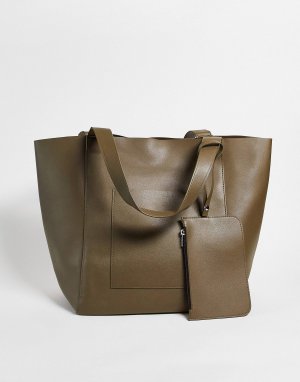 Большая сумка-тоут ASOS DESIGN из искусственной кожи цвета хаки со съемным кошельком