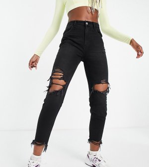 Черные джинсы из органического хлопка в винтажном стиле с рваными разрезами и нижним краем штанин -Черный цвет Bershka