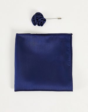 Свадебная булавка с цветком на лацкан и платок для пиджака синего цвета -Темно-синий Gianni Feraud