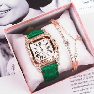 Наручные часы Подарочный набор женские + браслет в коробочке женские, кварцевые, бесшумный механизм, зеленый LERO ACCESSORIES. Цвет: зеленый