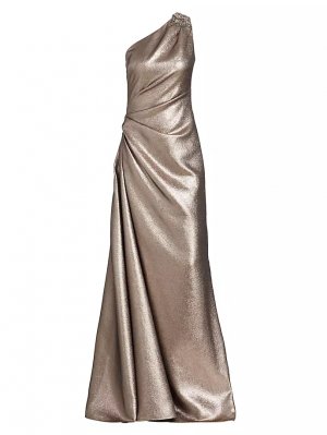 Вечернее платье цвета металлик на одно плечо из ламе , цвет champagne Reem Acra