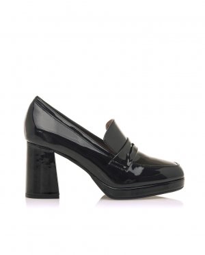 Женские лакированные лоферы черного цвета на каблуке , черный Mariamare