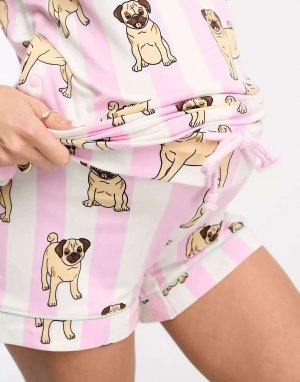 Короткая пижама для беременных в розово-белую полоску с изображением мопса Chelsea Peers