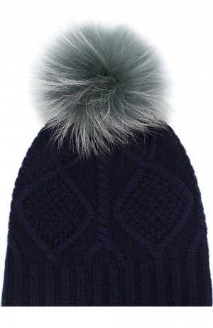 Шерстяная шапка фактурной вязки с меховым помпоном Yves Salomon Enfant. Цвет: голубой