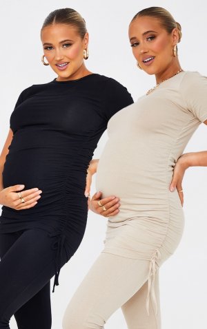 Maternity Stone и черная футболка из двух пар со сборками швами PrettyLittleThing