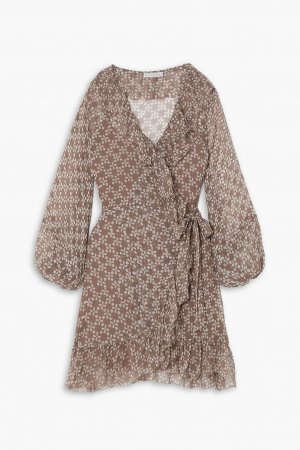 Платье мини Kimi из шелкового крепона с оборками и цветочным принтом , серо-коричневый Cloe Cassandro