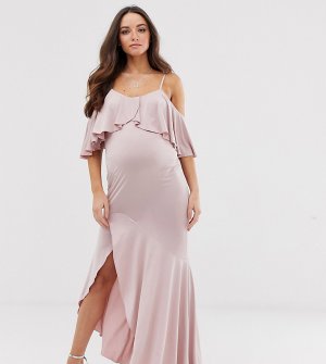 Розовато-лиловое атласное эластичное платье миди с открытыми плечами и оборками -Фиолетовый Flounce London Maternity