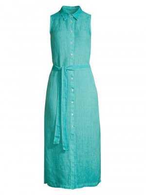 Курортное льняное миди-платье без рукавов на пуговицах , бирюзовый 120% Lino